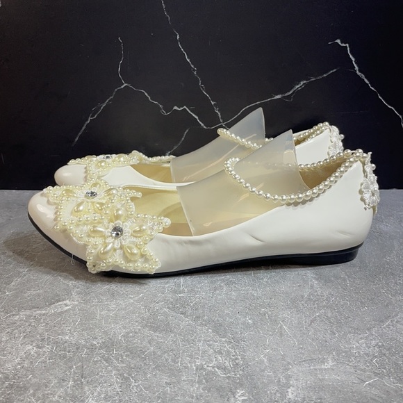 Getmorebeauty Pearl Bows Bridal Flats White Size 9.5m - Picture 3 of 8
